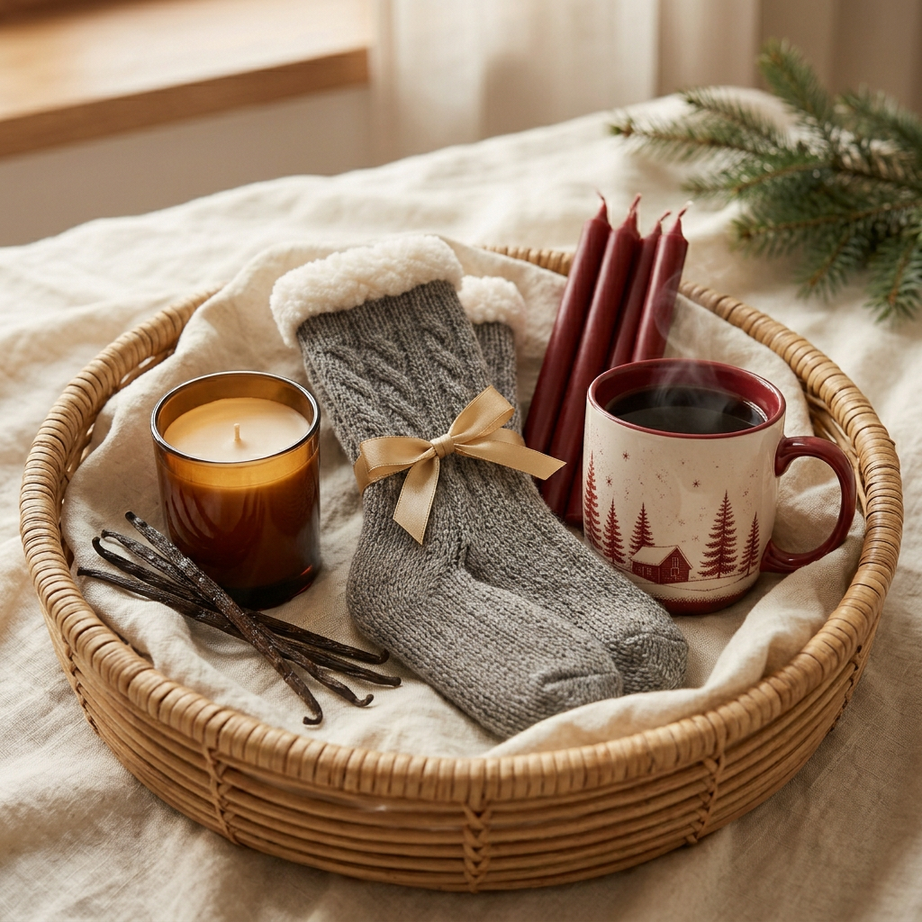 Myspaketet Där Myset Ligger med gråa sockor, vinröda kronljus och en julmugg på krämvitt linne