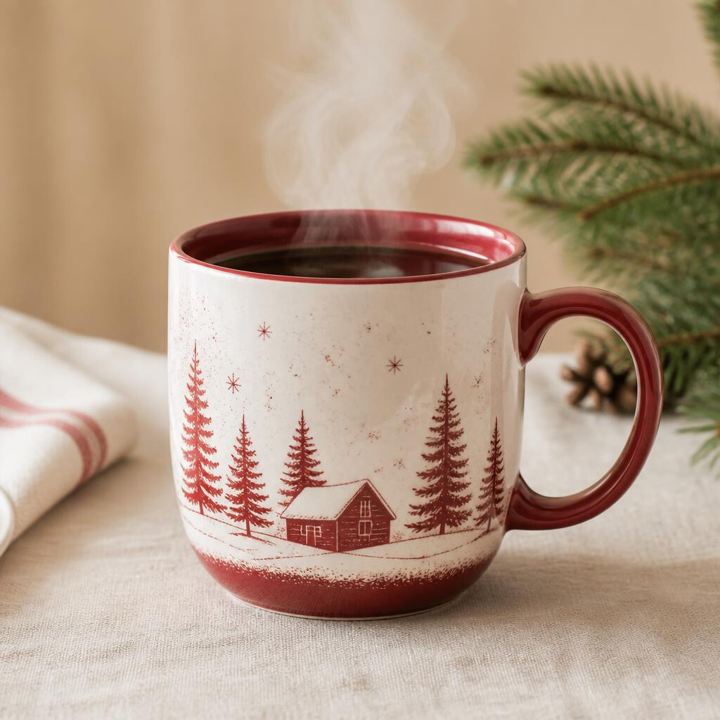 Julmugg i keramik med rött vintermotiv fylld med rykande kaffe